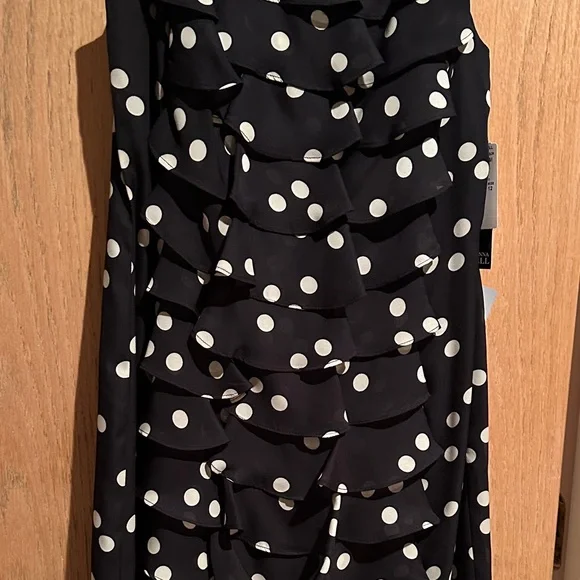Adrianna Papell Black Dress with Cream Polka Dots and Ruffles - Picture 6 of 9